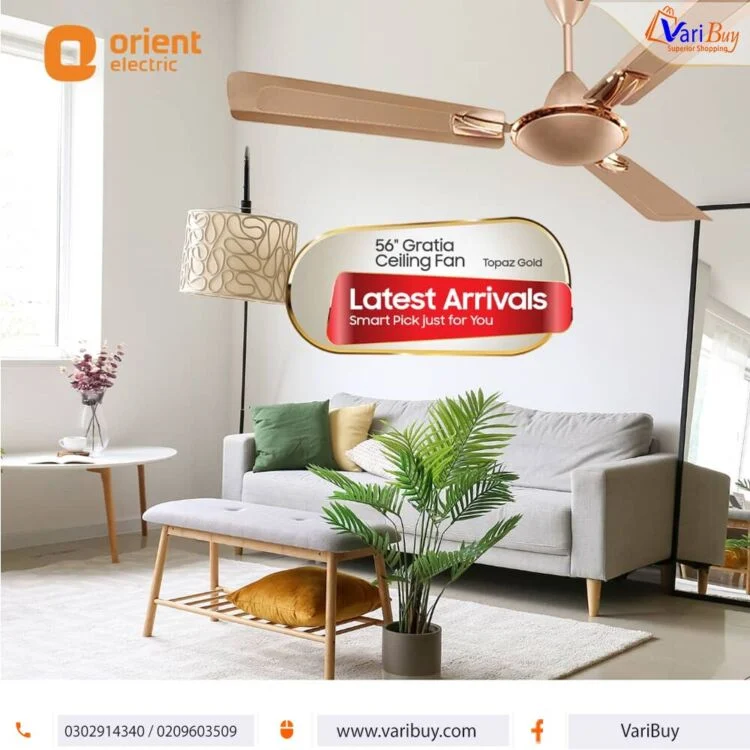 Orient 56" Gratia Ceiling Fan| High Grade Copper, Double Ball Bearing, Advanced PSPO Technology, Topaz Gold - Image 2