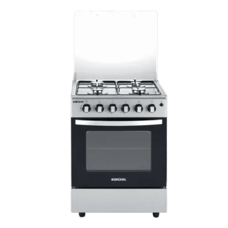 Bruhm 4 Burner 60×60 Gas Cooker w/ Grill| Auto Ignition, Glass Lip,  Double Glass Oven Door, with Tay and Grid, Silver Finish [BGC 6640IS]