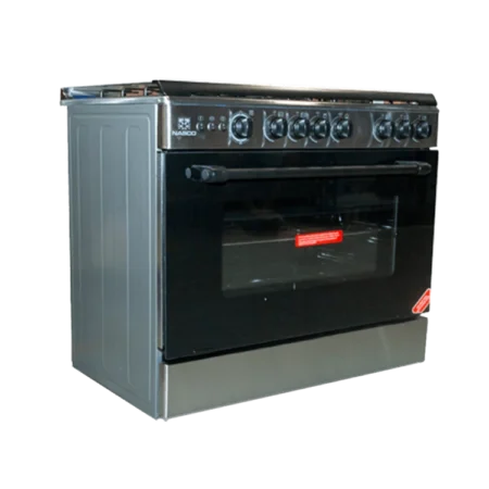 Nasco 5 Burner 90×60cm Gas Cooker w/ Grill & Auto Ignition & Rotisserie | Stainless Steel, Cast Iron Grid, Double-Glazed Door, Black Gas Burner Door, Thermostatic Valve [NASGC-LME90I]