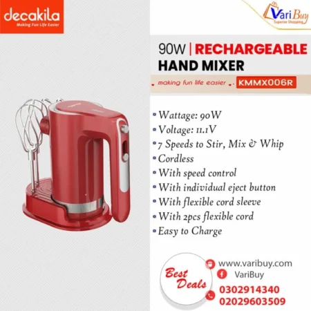 Decakila 7-Speed Rechargeable Cordless Hand Mixer| 90W, USB Cable, Lithium Battery [KMMX006R]