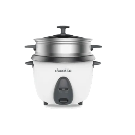Decakila 1.8L Rice Cooker w/ Automatic Cooking, Steamer Tray and Warmer Function| Removable Non-Stick Bowl, Measuring Cup and Spatula, 700W, 10 Cups, Transparent Glass Cover [KEER034W]