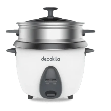 Decakila 2.8L Rice Cooker w/ Automatic Cooking, Steamer Tray and Warmer Function| Removable Non-Stick Bowl, Measuring Cup and Spatula, 900W, 15 Cups, Transparent Glass Cover [KEER035W]