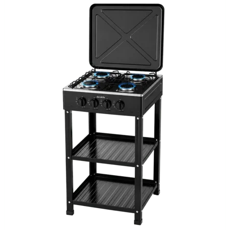 Decakila 4 Burner Gas Stove w/ Shelves| Black, Anti-rust Die-cast Aluminium Seat, High Temperature Resistant Knobs, High Temperature Resistant and Enameled Fire Cover [KMGS018B]