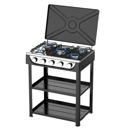 Decakila 5 Burner Gas Stove w/ Shelves| Black, Anti-rust Die-cast Aluminium Seat, High Temperature Resistant Knobs, High Temperature Resistant and Enameled Fire Cover [KMGS019B]
