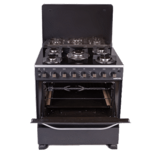 Bruhm 5 Burner 80×60  Durable Premium Black Gas Cooker w/ Grill & Rotisserie| Tempered Glass Work Top, Auto Ignition, Cast Iron Pan Support, Lamp & Timer [BGC-8650IG]