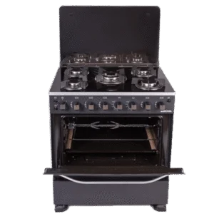 Bruhm 5 Burner 80×60  Durable Premium Black Gas Cooker w/ Grill & Rotisserie| Tempered Glass Work Top, Auto Ignition, Cast Iron Pan Support, Lamp & Timer [BGC-8650IG]