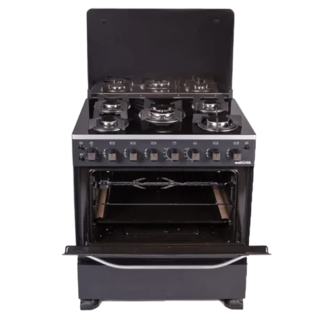 Bruhm 5 Burner 80×60  Durable Premium Black Gas Cooker w/ Grill & Rotisserie| Tempered Glass Work Top, Auto Ignition, Cast Iron Pan Support, Lamp & Timer [BGC-8650IG]