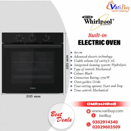 Whirlpool Built-in 60cm Electric Oven |71L, Innovative Cook3 function, Mechanical Time Control, Black [OMR35HR0B]