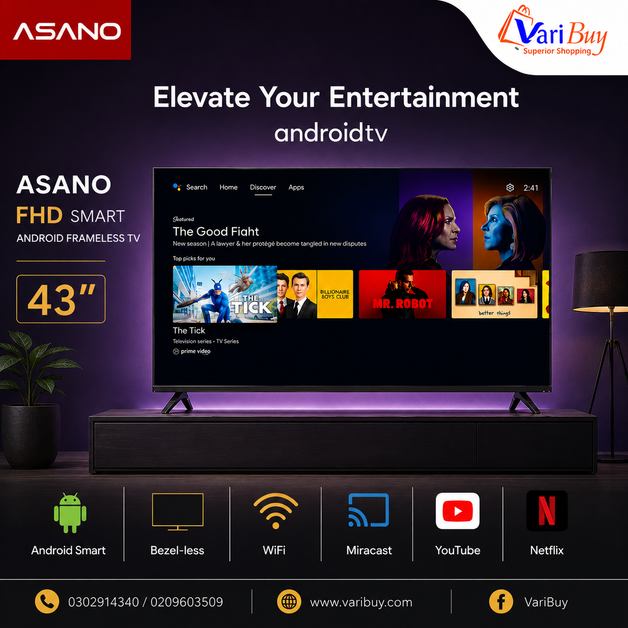Asano 43" Android Smart Frameless FHD LED TV| FHD, WiFi, Miracast, YouTube, Netflix - Image 4