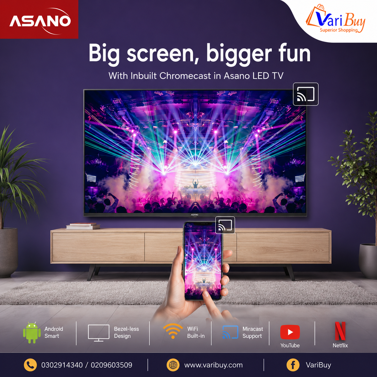Asano 43" Android Smart Frameless FHD LED TV| FHD, WiFi, Miracast, YouTube, Netflix - Image 3