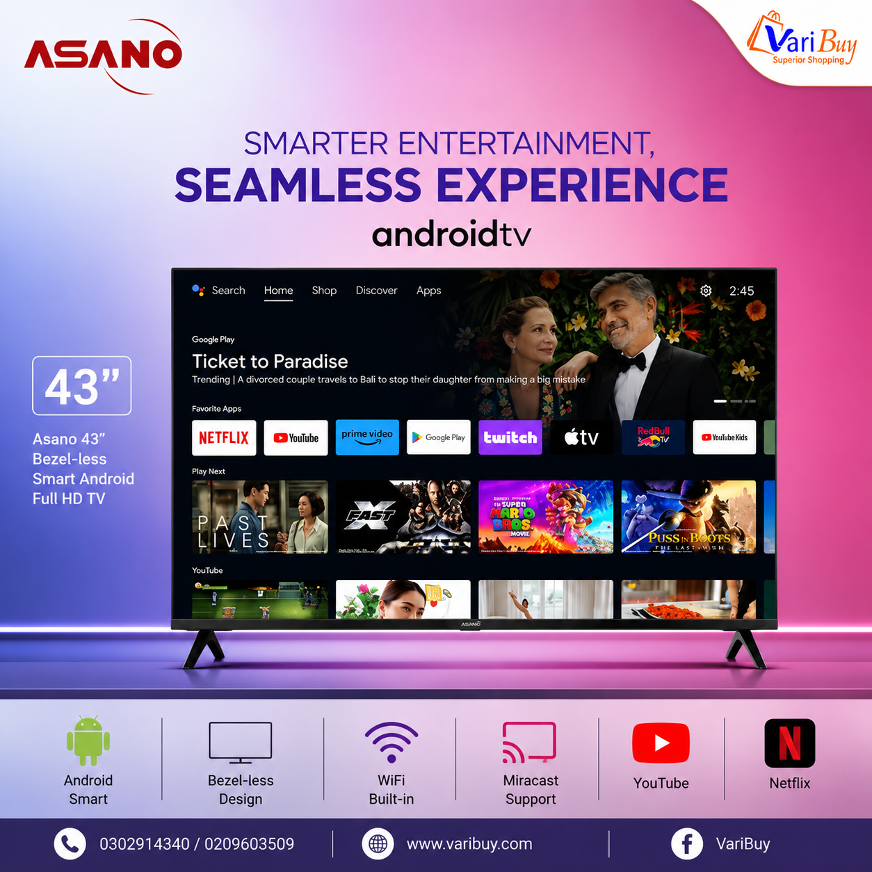 Asano 43" Android Smart Frameless FHD LED TV| FHD, WiFi, Miracast, YouTube, Netflix - Image 2
