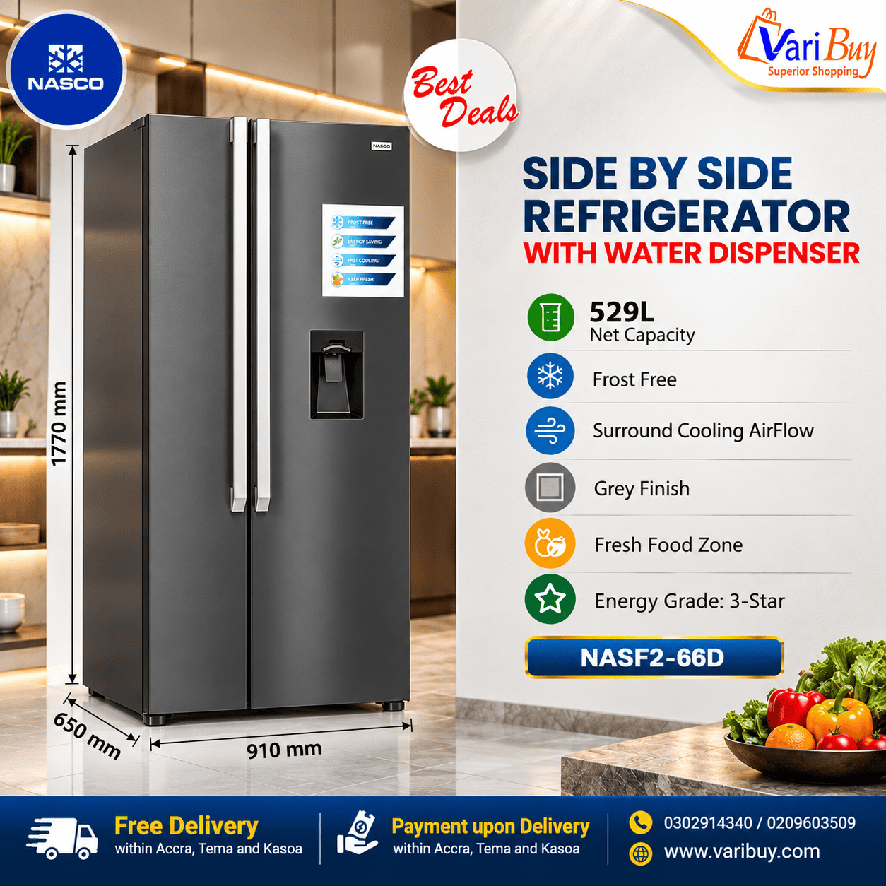 Nasco 529L side by side refrigerator with water dispenser and digital display.
