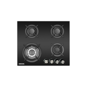 Bruhm 60cm 4 Burner Gas Hob| Black Glass, 510×610mm, Flame Failure Device, Cast-iron Pan Supports [BGH-6640FG]