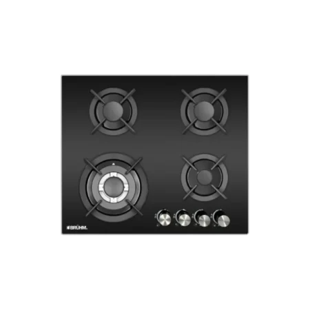 Bruhm 60cm 4 Burner Built-in Gas Hob| Black Glass, 510×610mm, Flame Failure Device, Cast-iron Pan Supports [BGH-6640FG]