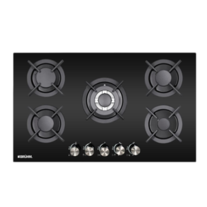 Bruhm 90cm 5 Burner Built-in Gas Hob| 520×880 mm, Flame Failure Device, Cast-iron Pan Supports, Black Glass [BGH-9650FG]