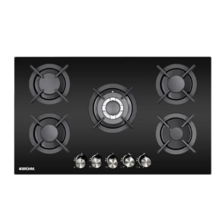 Bruhm 90cm 5 Burner Built-in Gas Hob| 520×880 mm, Flame Failure Device, Cast-iron Pan Supports, Black Glass [BGH-9650FG]