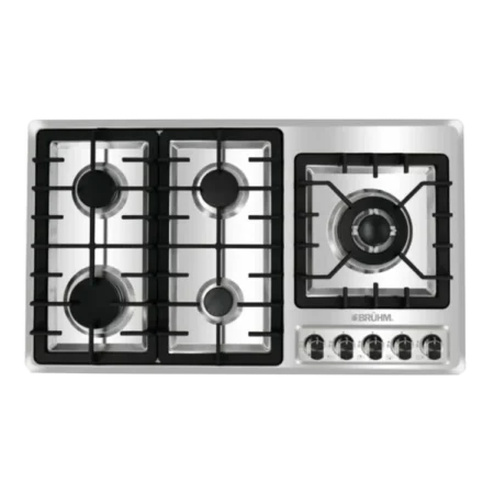 Bruhm 90cm 5 Burner Stainless Steel Built-in Gas Hob| Modern Design, Precision Cooking, Effortless Ignition, Flame Failure Device, Cast-iron Pan Supports [BGH-9650FI]