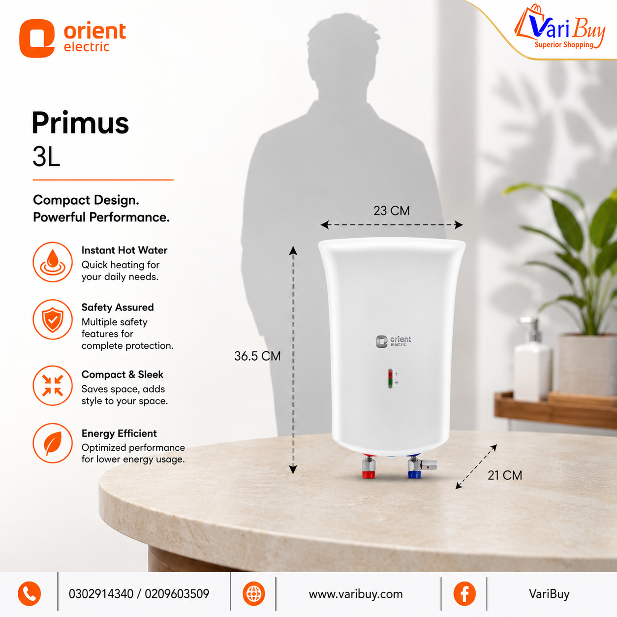 Orient 3L Primus Instant Water Heater w/ Advanced 5-Level Safety Shield | LED Indicator, High-Grade Stainless-Steel Tank, High Strength Polymer Body, Enhanced Safety with Shock-proof & Splash-proof Body - Image 8