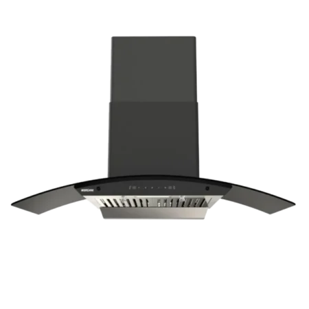 Bruhm 90cm Ducted Curved Glass Chimney Cooker Hood  w/ 3-Speed Touch Sensor Control| Strong Suction Power, Heat Auto Clean, Stainless Steel Panel, Baffle Filter,  Bright LED Lights [BHG-90FB]
