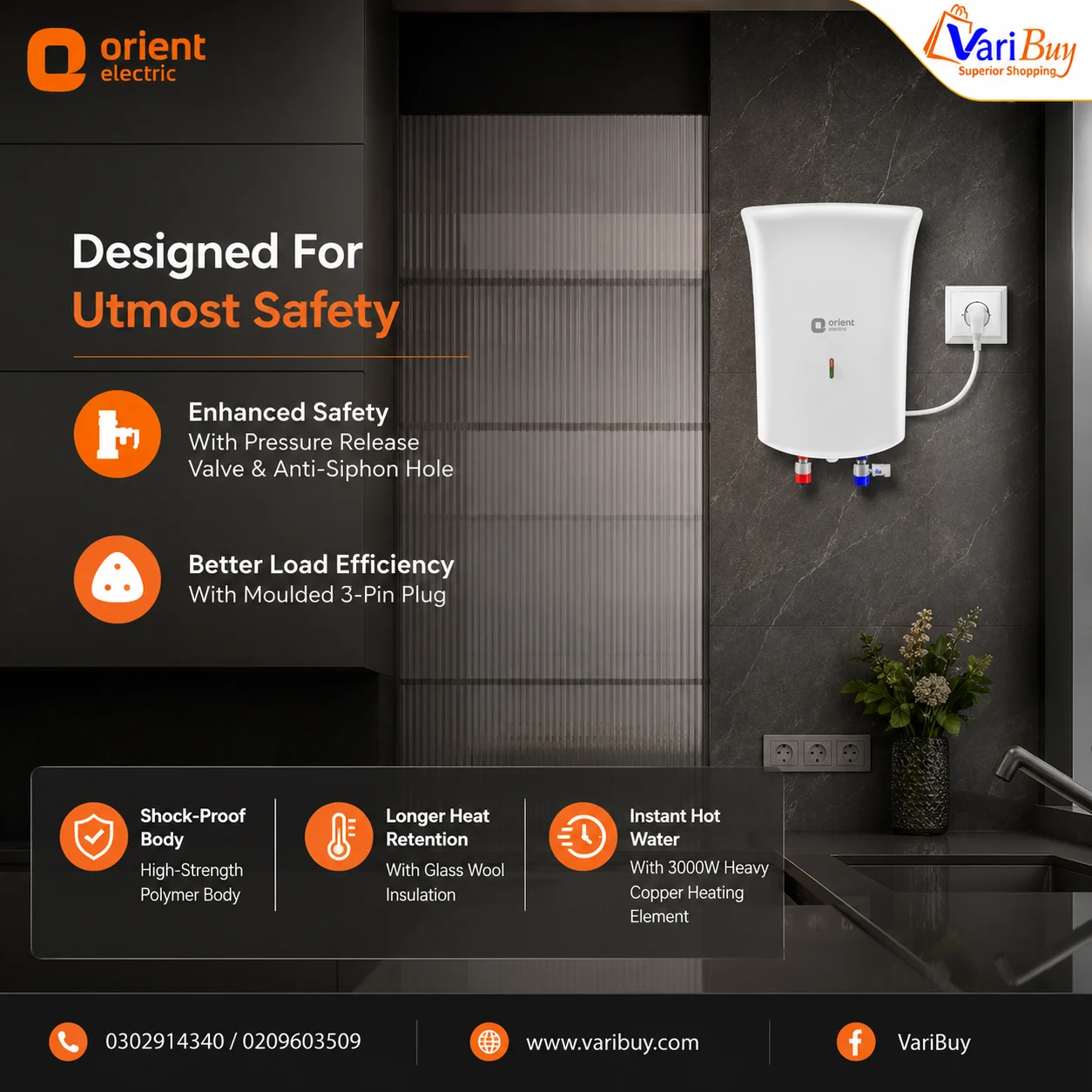 Orient 3L Primus Instant Water Heater w/ Advanced 5-Level Safety Shield | LED Indicator, High-Grade Stainless-Steel Tank, High Strength Polymer Body, Enhanced Safety with Shock-proof & Splash-proof Body - Image 7