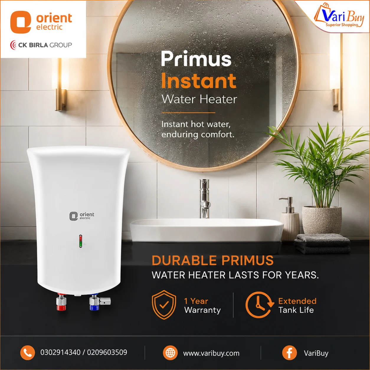 Orient 3L Primus Instant Water Heater w/ Advanced 5-Level Safety Shield | LED Indicator, High-Grade Stainless-Steel Tank, High Strength Polymer Body, Enhanced Safety with Shock-proof & Splash-proof Body - Image 6
