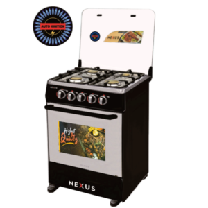 Nexus 4 Burner 60×60 High Quality Gas Cooker w/ Grill, Auto Ignition, Stainless Steel Worktop & Cast Iron Pan Supports | Tempered Glass Cover, Polished Brass Burner Caps, Robust & Stable, Sturdy Construction [NX-6060AG]