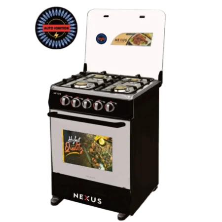 Nexus 4 Burner 60×60 High Quality Gas Cooker w/ Grill, Auto Ignition, Stainless Steel Worktop & Cast Iron Pan Supports | Tempered Glass Cover, Polished Brass Burner Caps, Robust & Stable, Sturdy Construction [NX-6060AG]