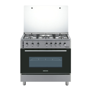 Bruhm 5 Burner 90×60 Premium Stainless Steel Gas Cooker w/ Grill & Rotisserie | Auto Ignition, Cast Iron Grip, Mechanical Timer, Pool System [BGC-9650SS]