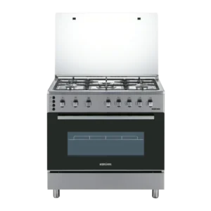 Bruhm 5 Burner 90×60 Premium Stainless Steel Gas Cooker w/ Grill & Rotisserie | Auto Ignition, Cast Iron Grip, Mechanical Timer, Pool System [BGC-9650SS]
