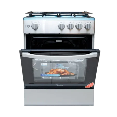 Midea 60×60 4 Burner Gas Cooker w/ Grill| Silver, Glass Lid [24TMG4G081-S]