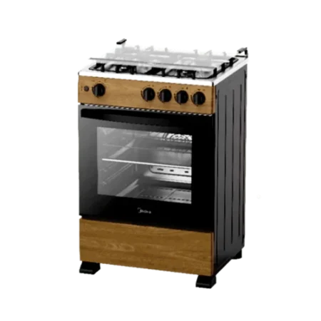 Midea 60×60 4 Burner Gas Cooker w/ Grill & Auto Ignition| XPRESS Grill, Wooden Finish, Oven Lamp [24TMG4G081-WD]