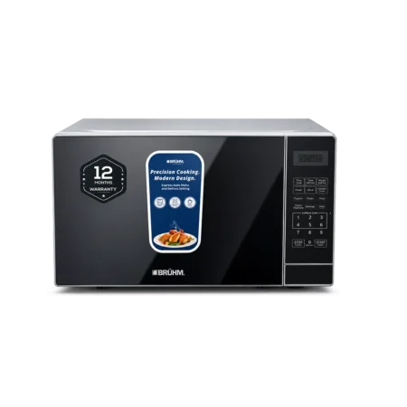 Bruhm 20L Digital Solo Microwave Oven w/ Full Glass Finish| 700W, 11 Power Levels, Child Lock, LED Display, Silver, Cooking Modes for Popcorn, Potato, Beverage, Pizza, Frozen Vegetable, Dinner Plate [BME-20MSM]