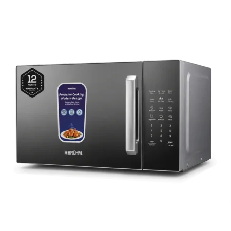 Bruhm 30L Digital Microwave Oven w/ Grill Function | Child-Safety-Lock, 11 Power Levels, LED Display, Full Glass Finish| 900W, Silver [BME-30GSM]
