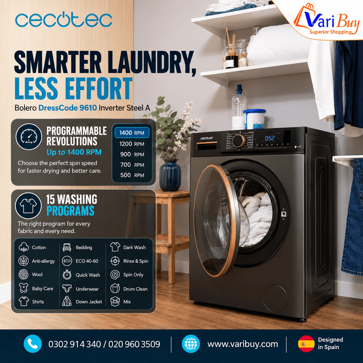 Cecotec 9kg front load washing machine in a modern laundry room.