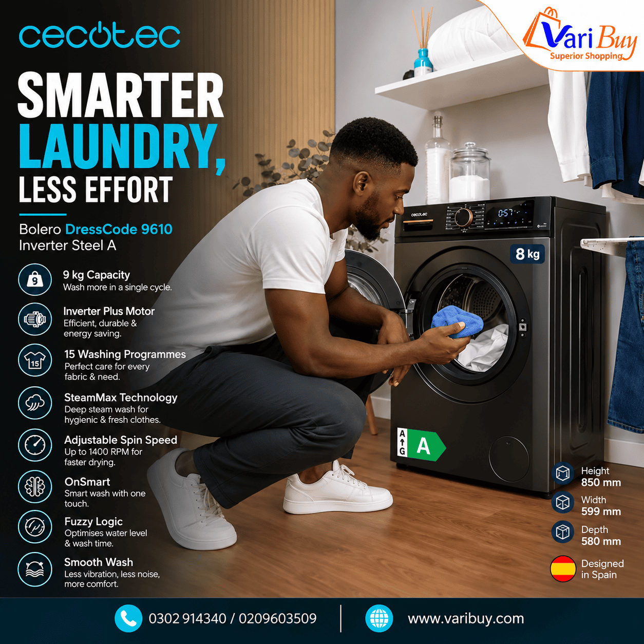 Smarter laundry with VariBuy washing machine in a modern laundry room.