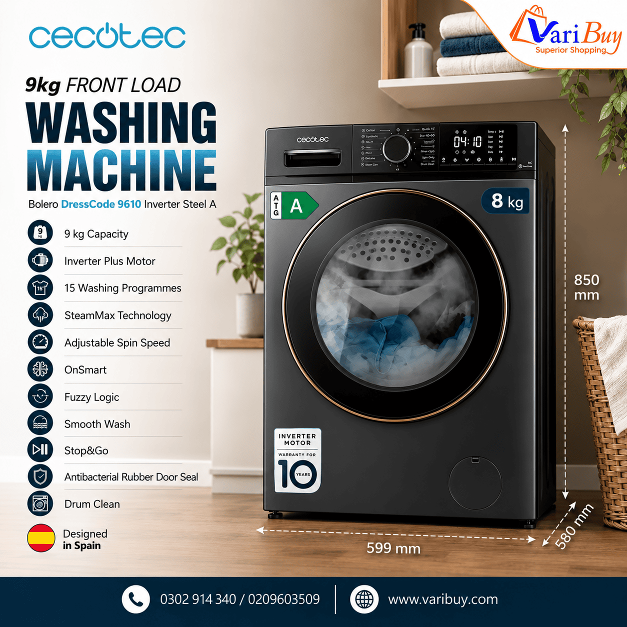 Cecotec 9kg front load washing machine in black with control panel and door.