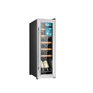Cecotec 12-Bottle Wine Cooler| 32L Capacity, Stainless Steel Wine Cellar, Compressor, Temperature setting from 8 to 18ºC, 25 cm wide and 79.5 cm High, Wooden Shelves, Touch Screen and Internal LED lighting [Bolero GrandSommelier 1250 CoolWood Compressor]