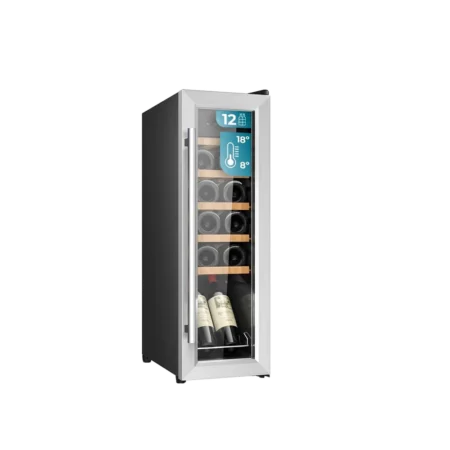Cecotec 12-Bottle Wine Cooler| 32L Capacity, Stainless Steel Wine Cellar, Compressor, Temperature setting from 8 to 18ºC, 25 cm wide and 79.5 cm High, Wooden Shelves, Touch Screen and Internal LED lighting [Bolero GrandSommelier 1250 CoolWood Compressor]