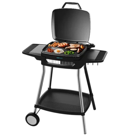 Cecotec 2000W Spanish PerfectCountry 2000 EasyMove BBQ Grill| Electric Barbecue, Mixed and Non-Stick Surface, Hinged Lid, Adjustable Thermostat, Grease Collection Tray, Steel Legs & Wheels [PerfectCountry 2000 EasyMove]
