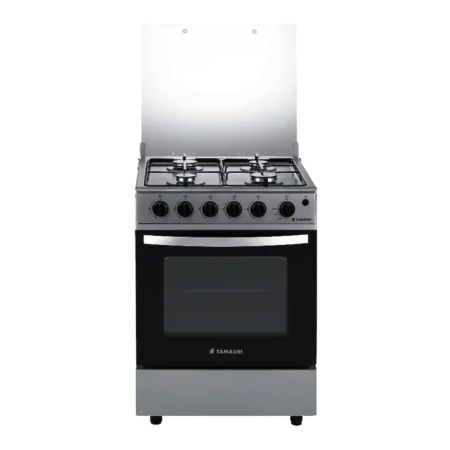 Tamashi 4 Burner 60×60 Gas Cooker w/ Grill, Auto Ignition, Stainless Steel Worktop| Glass Lid, Durable Euro Burner, Dark Grey Body [NG6640G]