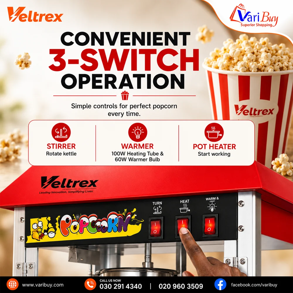 Veltrex-Stainless Steel Popcorn-Machine–CONVENIENT-3-SWITCH-OPERATION Veltrex-Stainless Steel Popcorn-Machine–CONVENIENT-3-SWITCH-OPERATION