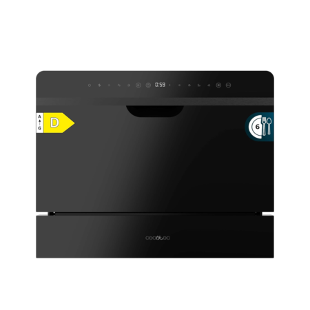 Cecotec 1380W Bolero Aguazero 2500 S-BI Black Glass Compact Semi-Integrated 6-Place Dishwasher w/ Black Glass Finish| Low Consumption, 5 Programs, Touch Control Panel, Delay Start and Child Lock Functions and Cutlery Basket [Bolero Aguazero 2500 S-BI Black Glass]