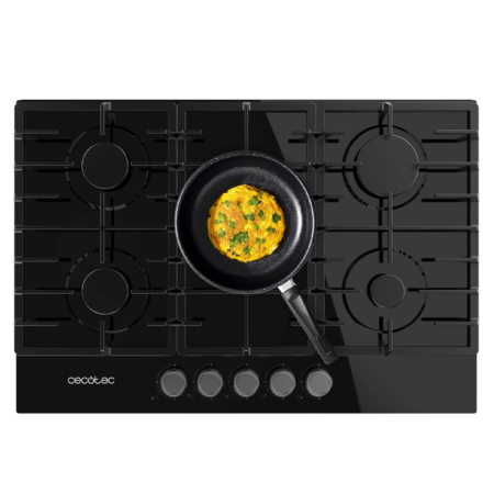 Cecotec 75cm Bolero Squad G 5200F Built-in Black Glass Gas Hob| Black Ceramic Glass, 5 Burners, 11000W Power, Triple Crown WOK Burner, Electric Ignition, Valve Safety System [Bolero Squad G 5200F Glass Black]