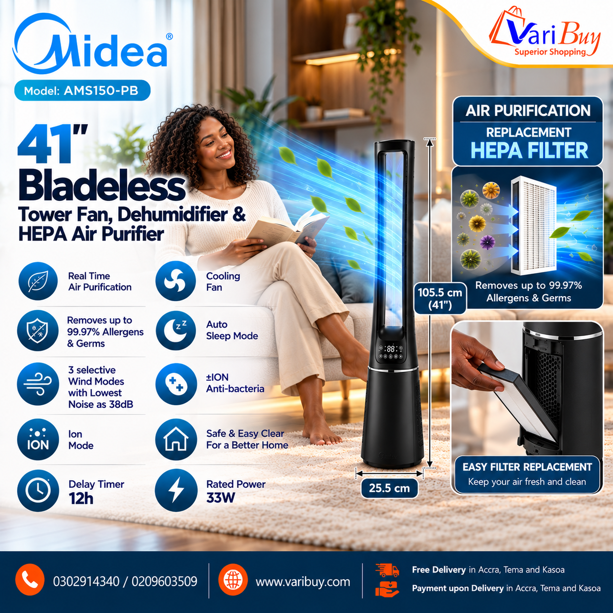 AMS150-PB-MIDEA-10-speed 41-inch BLADELESS-FAN-&-AIR-PURIFIER AMS150-PB-MIDEA-10-speed 41-inch BLADELESS-FAN-&-AIR-PURIFIER