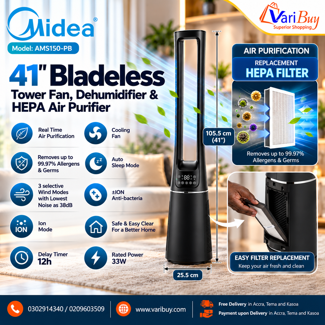 AMS150-PB-MIDEA-BLADELESS-FAN-&-AIR-PURIFIER