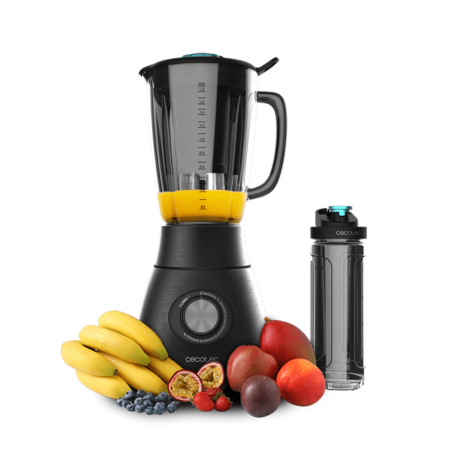 Cecotec 1800W Power Black Titanium 2500MAX Go Blender + Portable Bottle| 1.8L Fused Glass Jar, Stainless Steel, 6-Blade Black Titanium Coated Blade [Power Black Titanium 2500MAX Go]