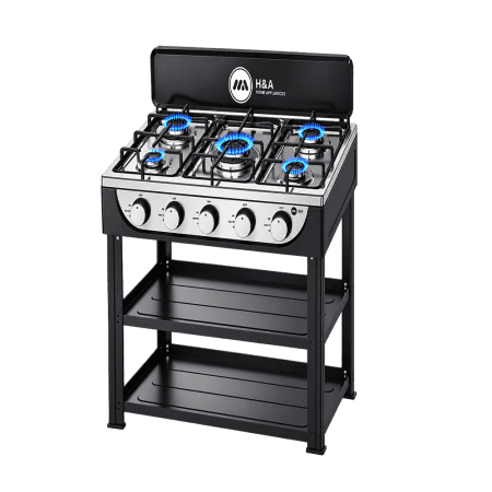 H&A 4 burner gas stove with stand and shelves for indoor outdoor use.
