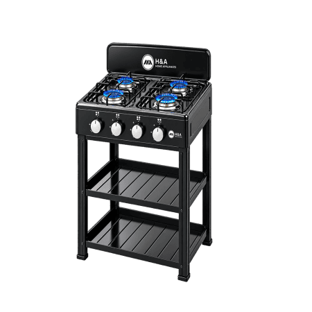 Black 4 burner gas stove with shelves and blue flames, anti-rust die-cast aluminium seat.