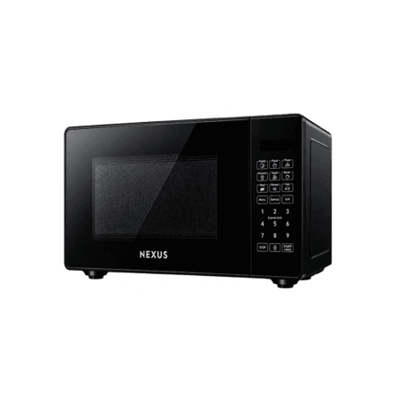 Black Nexus microwave oven with digital display and control panel.