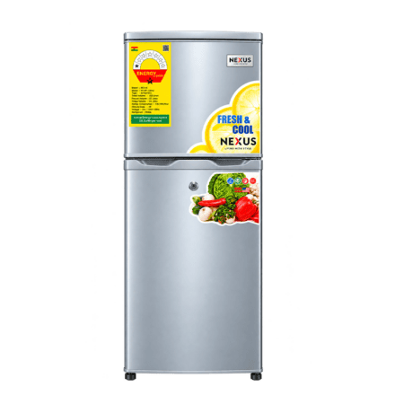 Nexus 225L refrigerator with fresh produce display and energy label.